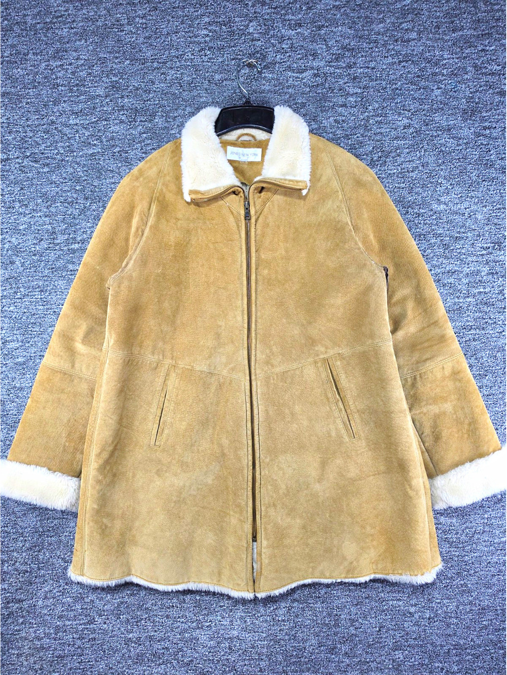 Jones New York Sport Jacket Womens XL Tan Genuine Leather Faux Fur Trim Zip